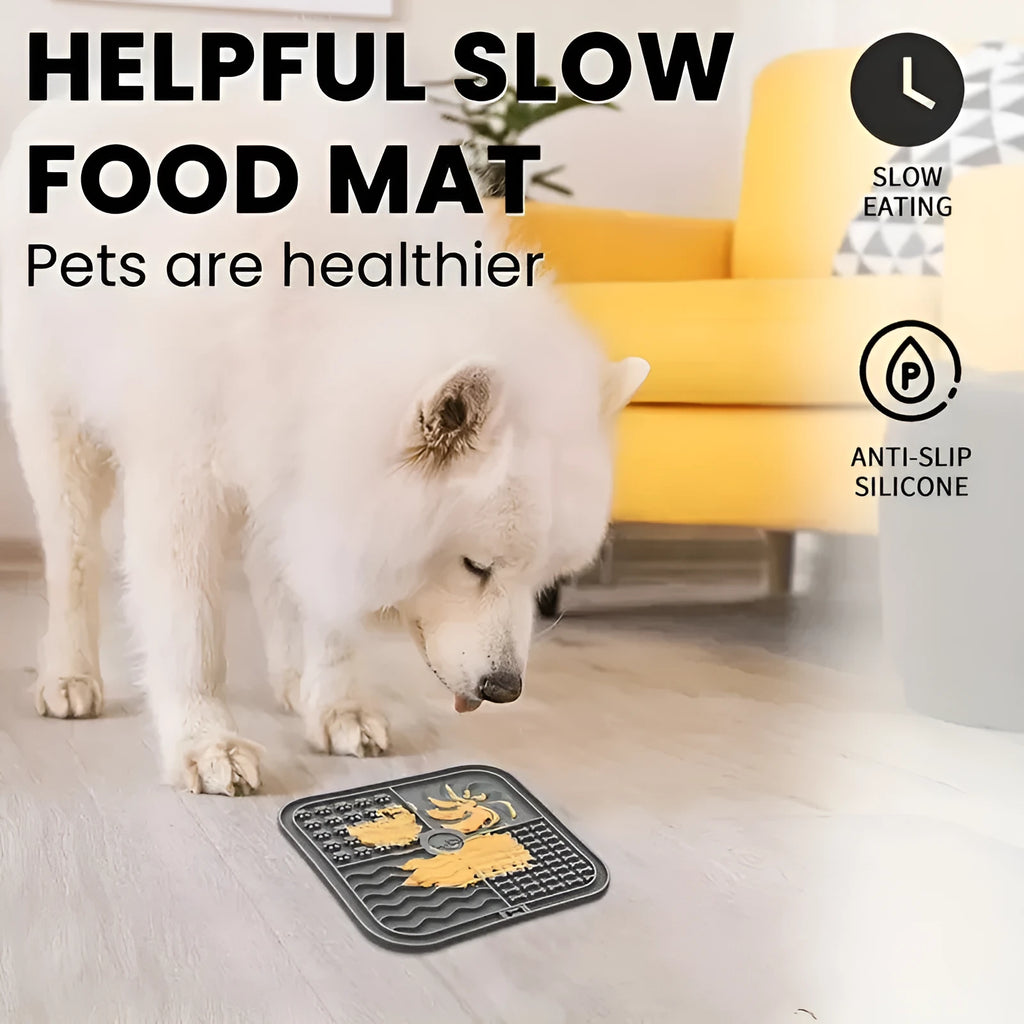 Silicone pet slow food mat with bottom suction cups in gray colour on smooth floor