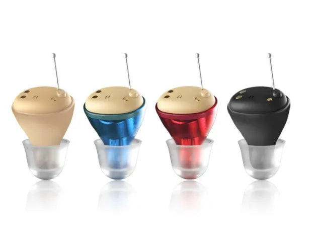 Luna RL60M intelligent sound amplifier earplugs in medical silicone, shown in black and skin colours