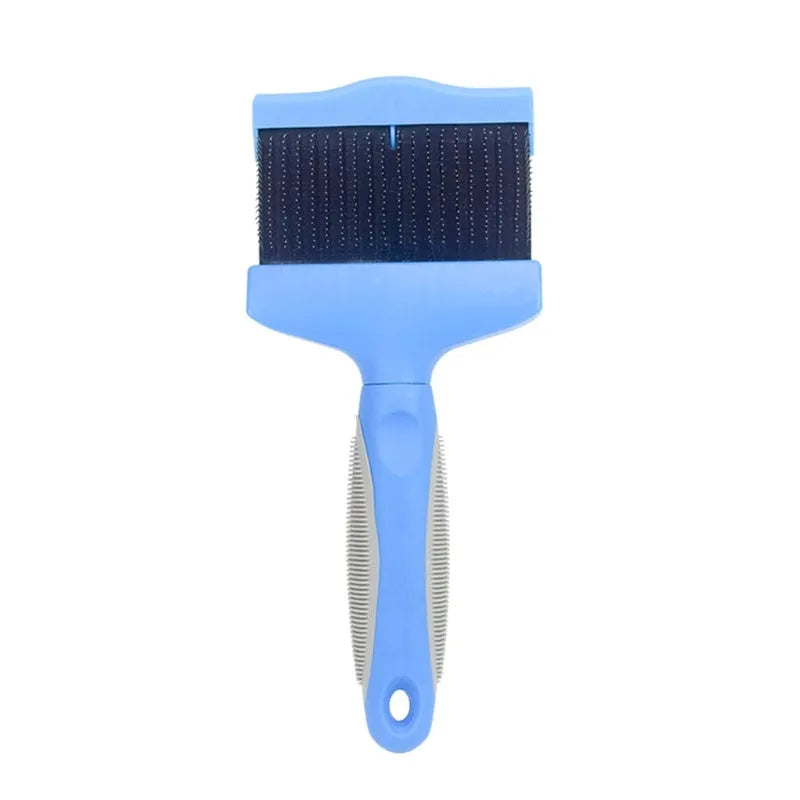 Blue double-sided pet brush with stainless steel pins on a white background, showing both gentle and firm bristle sides.