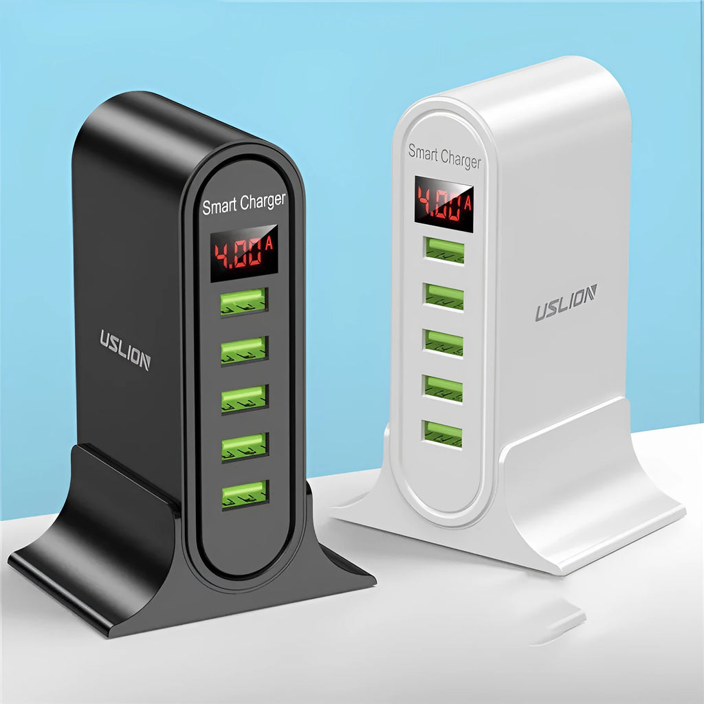 Black and white smart USB charger with LED digital display, showing EU, UK, and US plug variants.