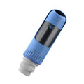 Portable blue dog water bottle with integrated drinking bowl for travel.