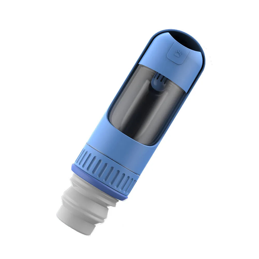 Portable blue dog water bottle with integrated drinking bowl for travel.