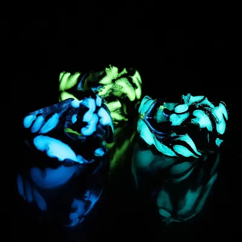 Adjustable Chinese style ring with luminous dragon pattern in archaism silver blue and green electroplated finish