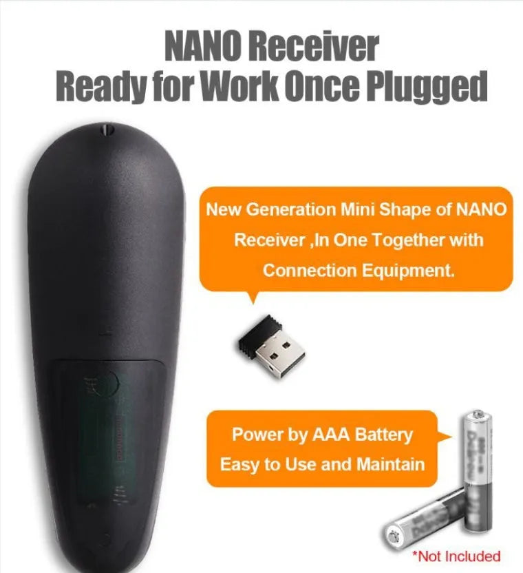G30 Air Mouse wireless keyboard remote control with nano receiver on a table