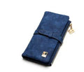 Army green retro matte PU leather long bifold women's wallet with zip closure open to show card slots and phone pocket.