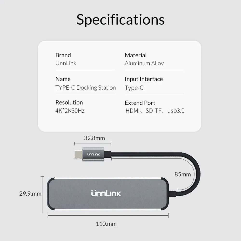 Aluminium alloy type-C docking station with HDMI, SD/TF, and USB 3.0 ports in silver colour