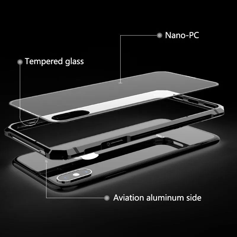 Transparent tempered glass phone case with metal aluminium frame for iPhone shockproof protection, black colour option