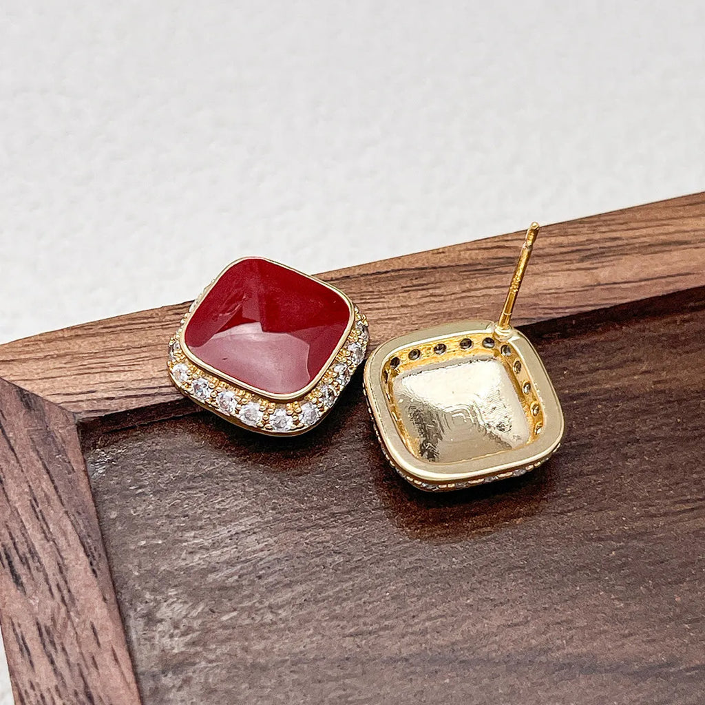 Red square geometric alloy earrings with retro design for women