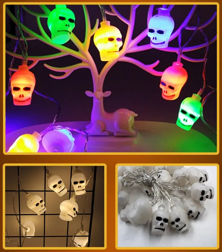 Halloween LED string lights with 10 pumpkin ghost bat spider skull pendants on white 1.2m waterproof cable