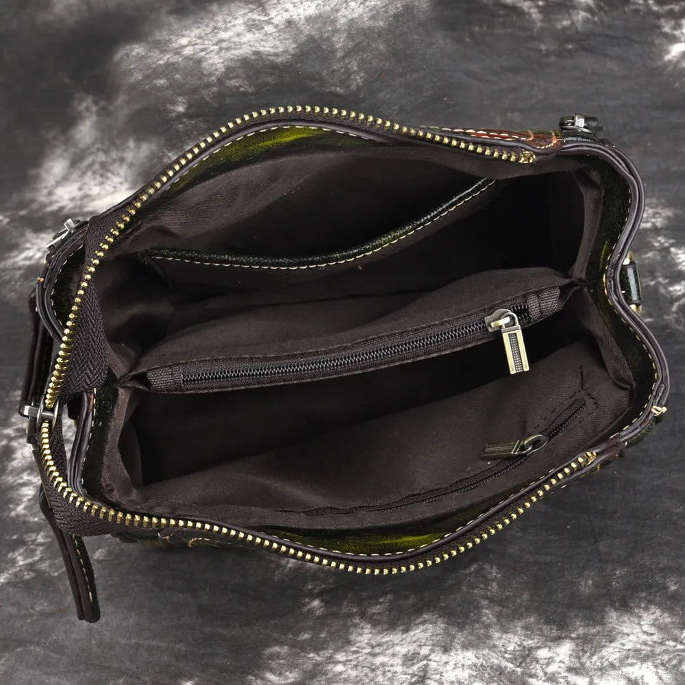 Genuine leather women's square shoulder bag in brown with internal phone and file compartments.