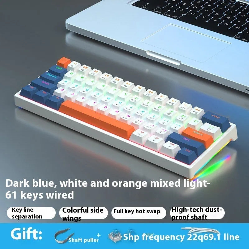 61-key bluish-black and white mechanical keyboard with hot-swap switches on desk