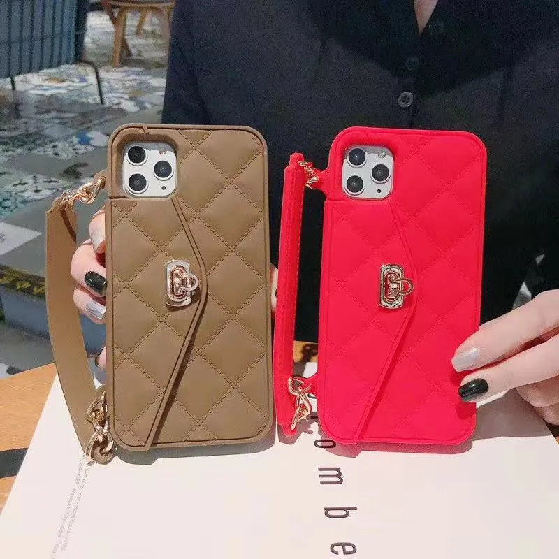 Luxury silicone mobile phone case with pearl chain lanyard for iPhone models in multiple colours
