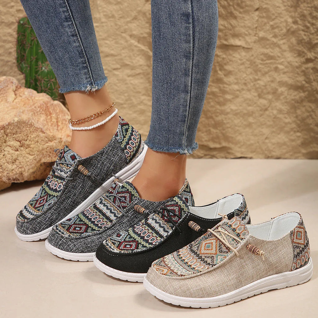 Women's flat round toe casual shoes in black, dark grey and khaki with artificial PU upper and rubber sole