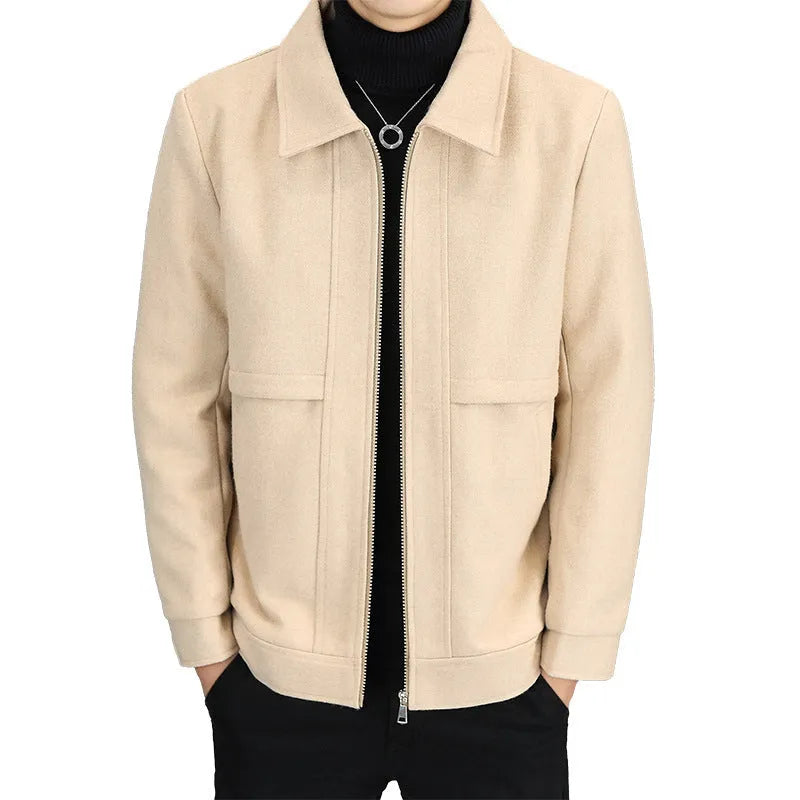 East Season men's khaki polo collar casual jacket with side seam pockets.