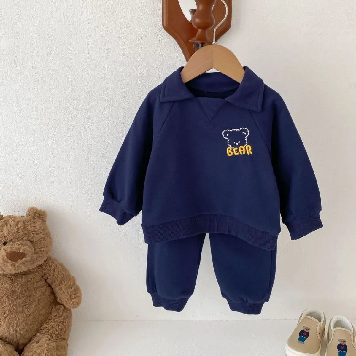 Baby Bear lapel sweater and pants two-piece set in cotton, sapphire blue or khaki beige, sizes 66cm to 100cm