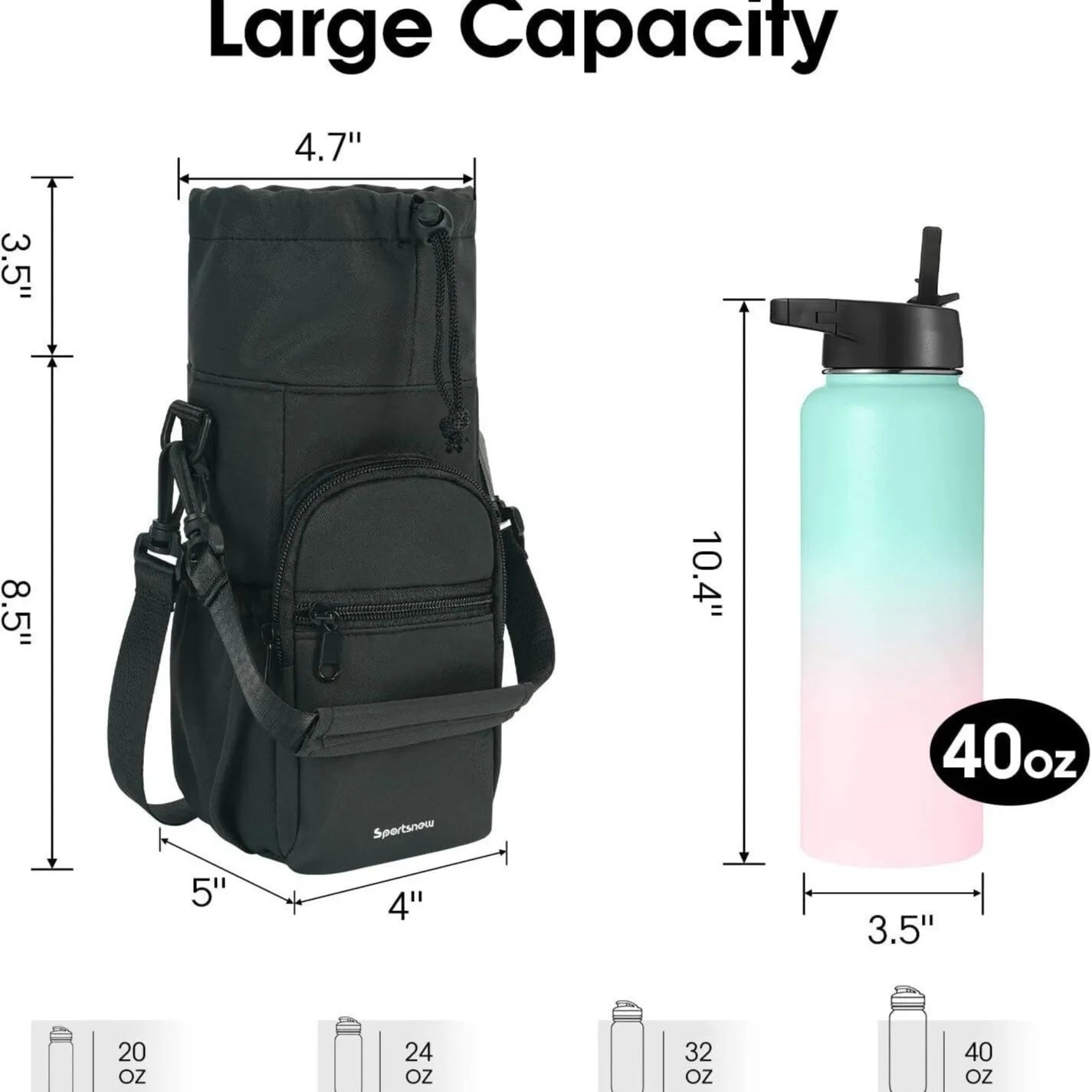 Canvas water bottle pouch with crossbody strap in black, green, or pink colour