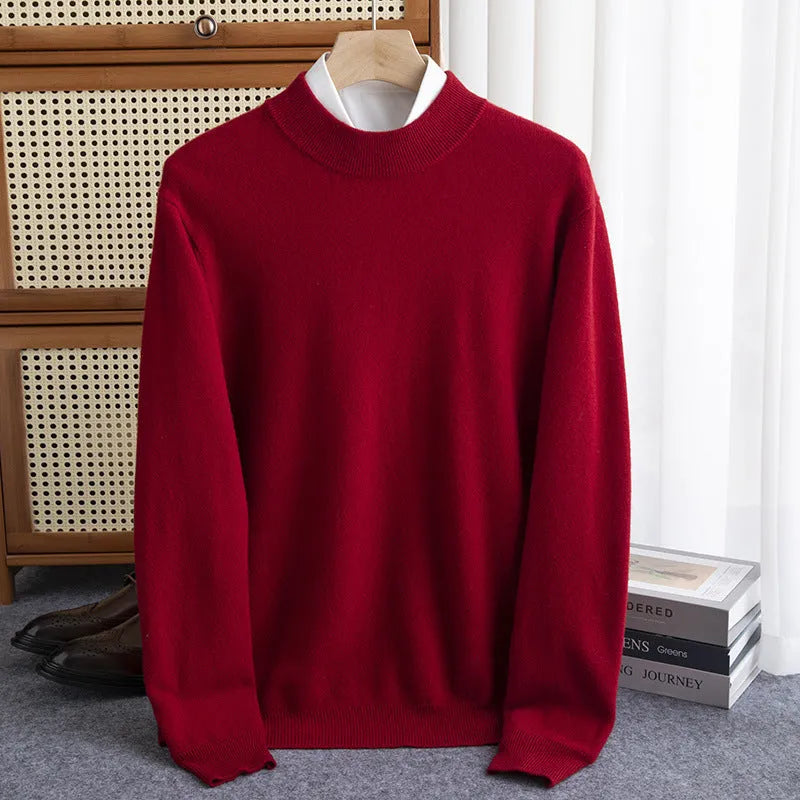 Men's half-collar wool sweater in loose fit showing colour options including black, brown and camel