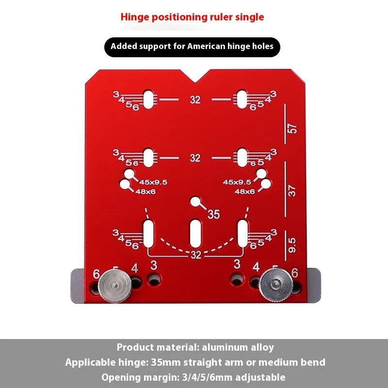 Red aluminium alloy hinge positioning ruler with adjustable margin gauge and hard alloy tapper for 35mm cabinet hinges