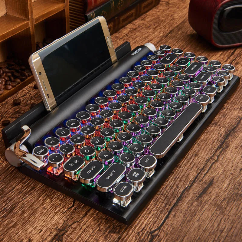 Black retro typewriter style mechanical keyboard with colourful backlit keys