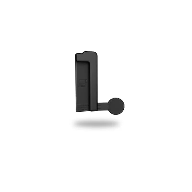 Black silicone phone holder stand clipped to a laptop, holding a mobile phone for multi-screen use, 11x10x1cm.