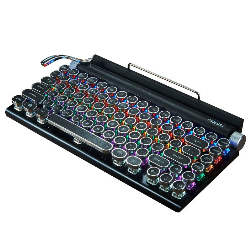 Black retro typewriter style mechanical keyboard with colourful backlit keys
