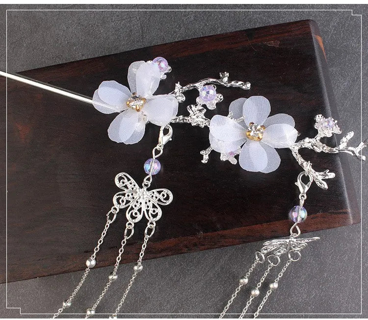 Ancient style hairpin with plum blossom branch, white flower, and tassel on metal stick, gold finish