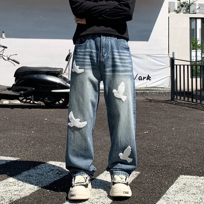 Men's mid-waist straight-leg jeans in blue cotton denim with button placket available in multiple sizes