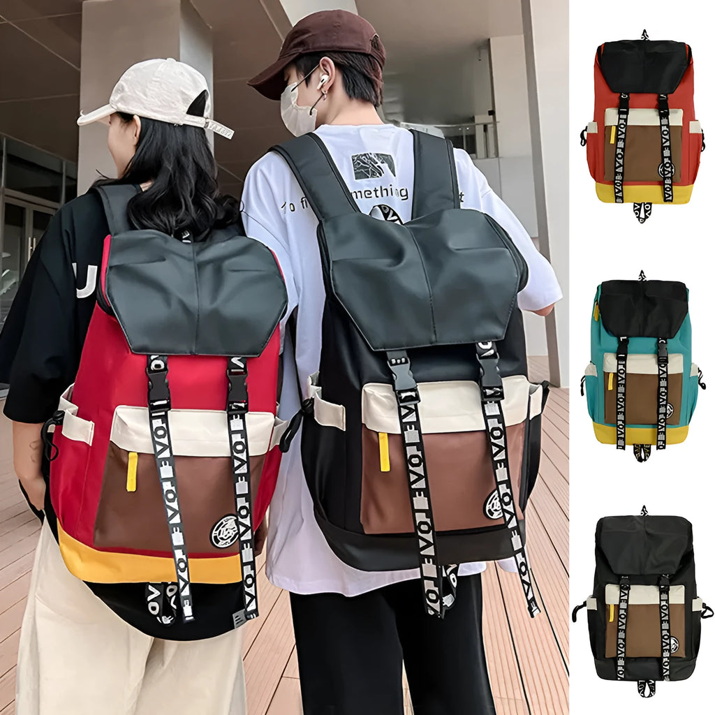 Oxford cloth school backpack in black, green, or red colour options.