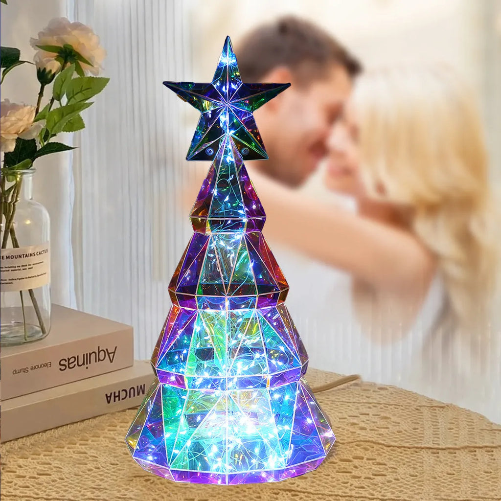 Colourful cartoon-style Christmas tree luminous decoration made of PET, dimensions 14.5 by 4.8 by 20 cm.