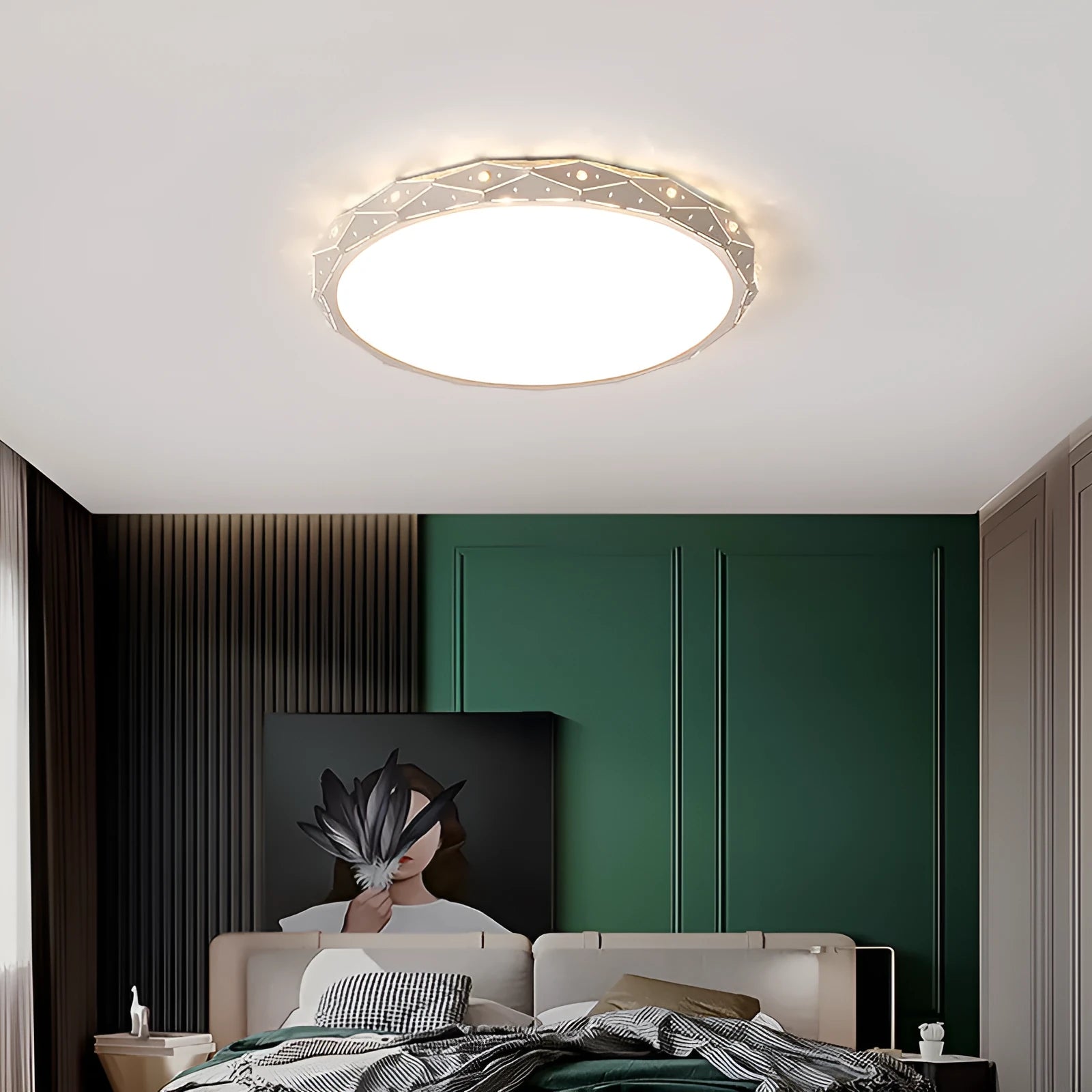 Round black iron frame LED ceiling light on a white ceiling.