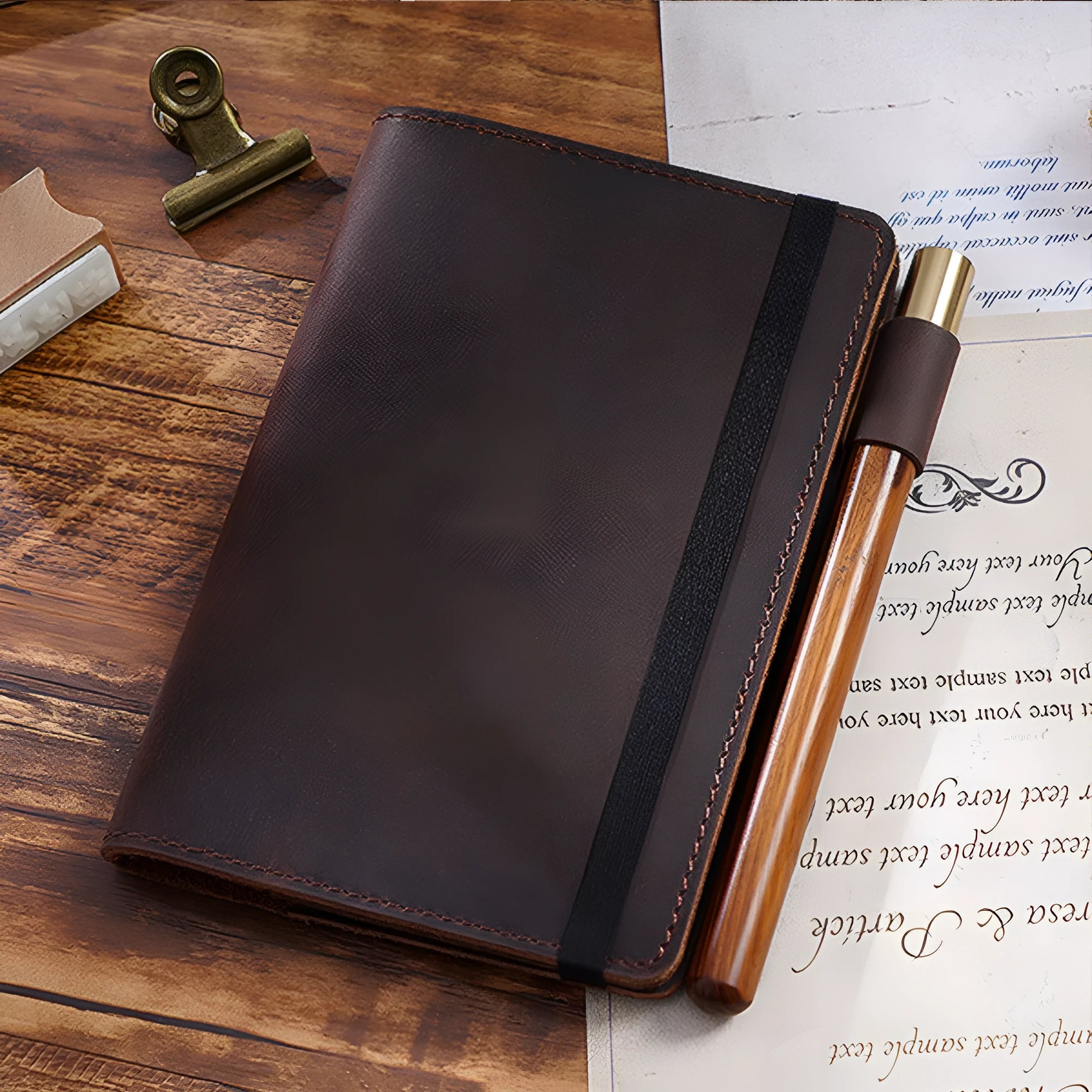 Handmade kraft notebook with cowhide cover in choice of six colours, showing open pages of wood-free paper.