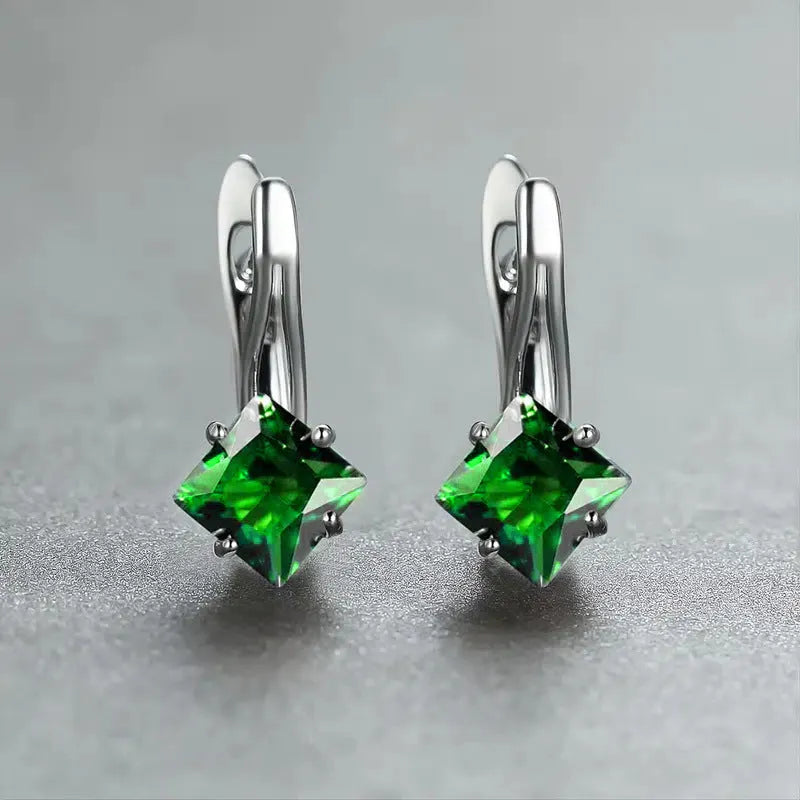 Copper earrings with zircon diamond design in blue, green and colour variations
