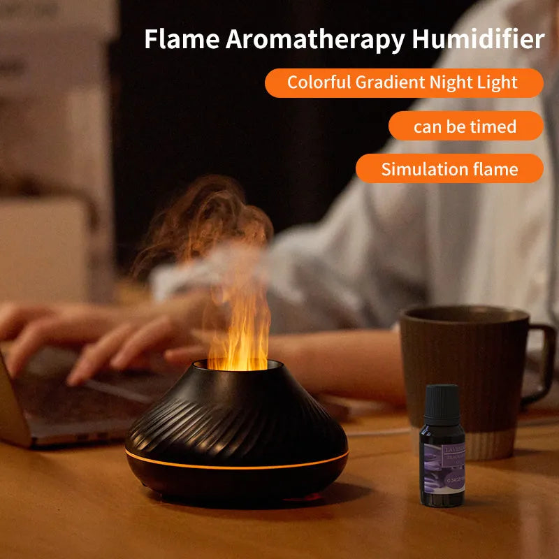 130ml RGB flame aroma diffuser with 3D colourful fire volcano effect humidifier night light black