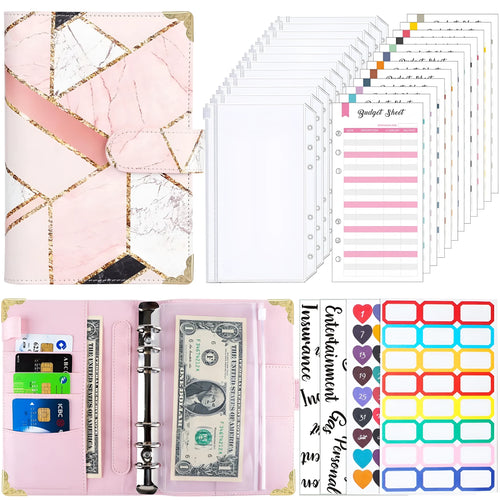 A6 loose-leaf budget notebook with UV blue gray printed cover, ring binder, and budget cards set