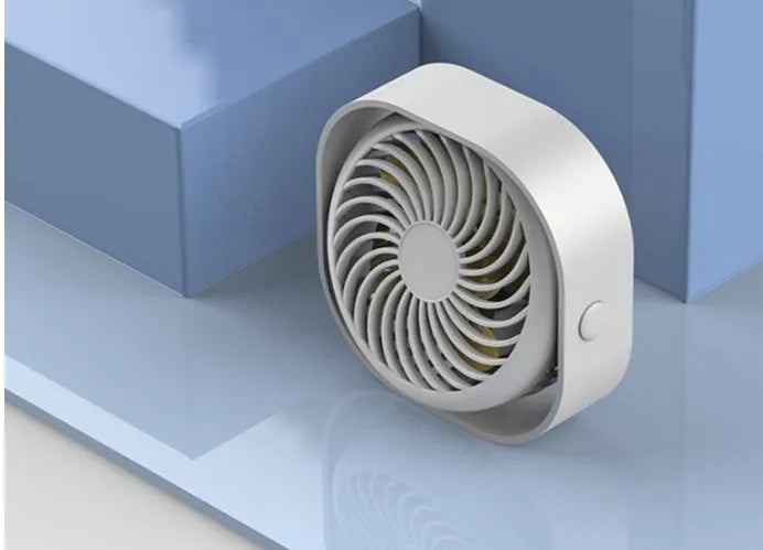 USB-powered desk fan with 360-degree rotation in a modern simple style, shown in blue.