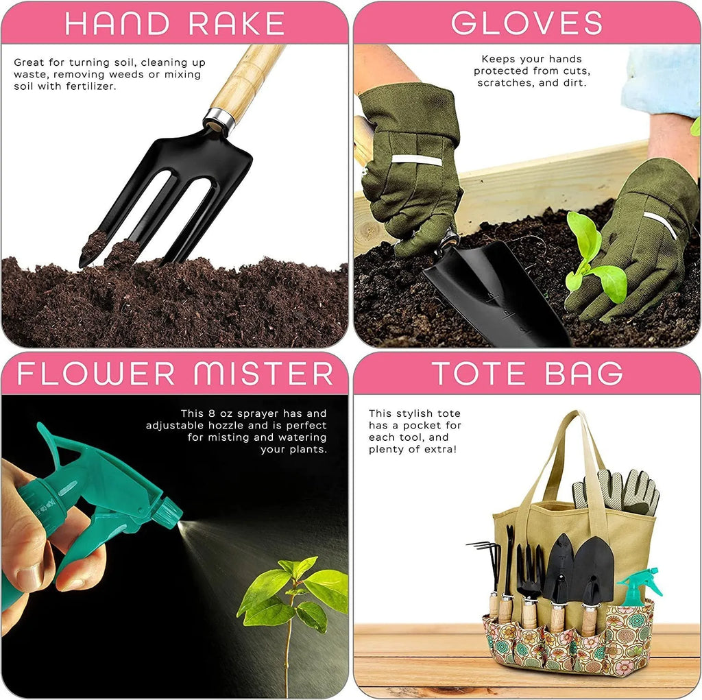 Eight stainless steel gardening tools including trowel, cultivator, and transplanting tools