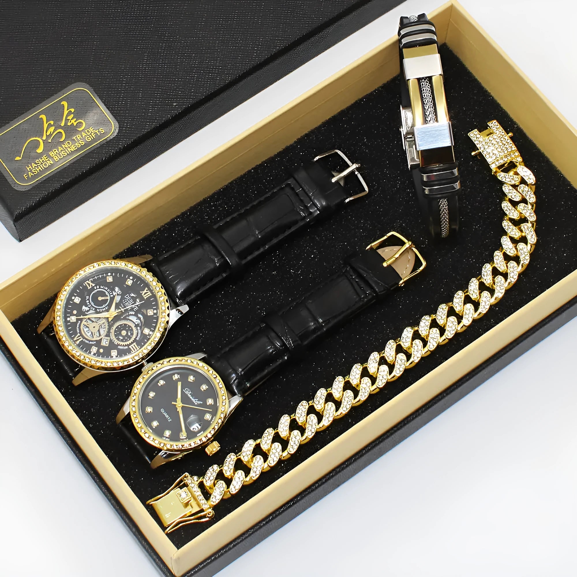 Black plate men's and women's couple watch set with metal bracelets in gift box