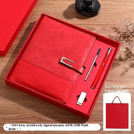 A5 leather notebook in choice of colours with gift box, open to show wood-free paper.
