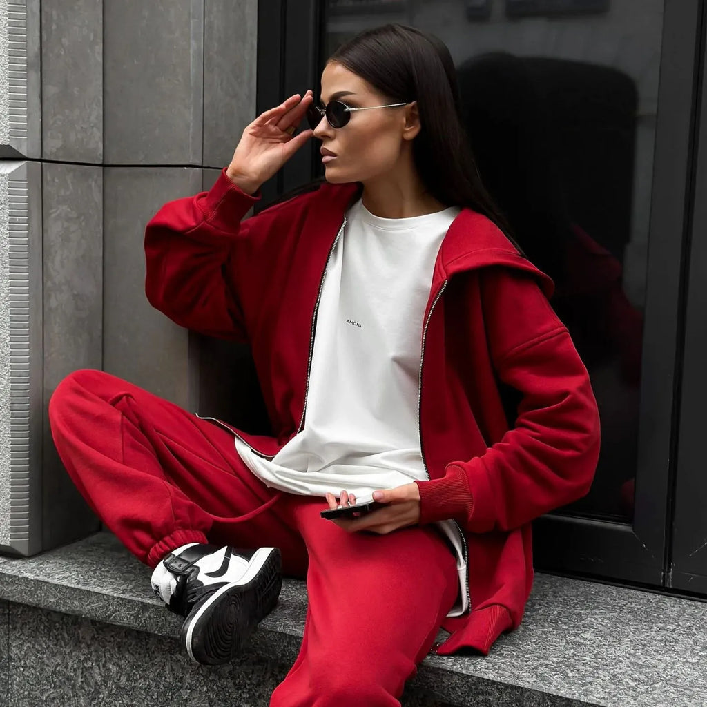 Street style long-sleeved coat and trousers two-piece set in grey colour