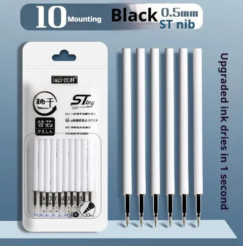 A pack of 10 quick-drying bullet pen refills in black, blue, red, and ink blue colours.