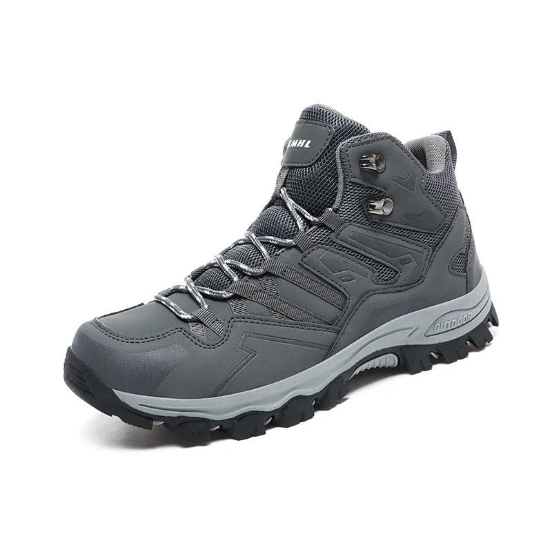 High-top outdoor hiking sneaker in flannel with rubber sole, shown on a rocky trail.