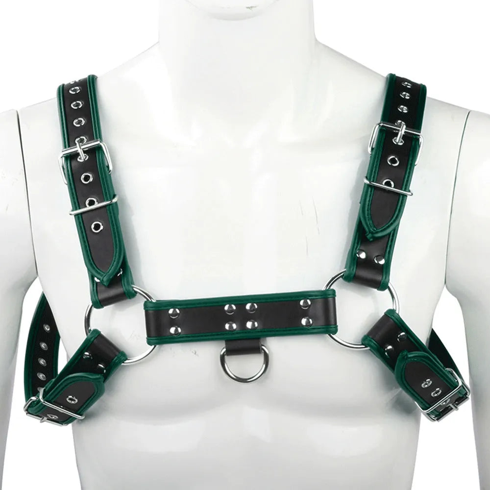 PU leather strap corset with edge-wrapped binding in black with red edging