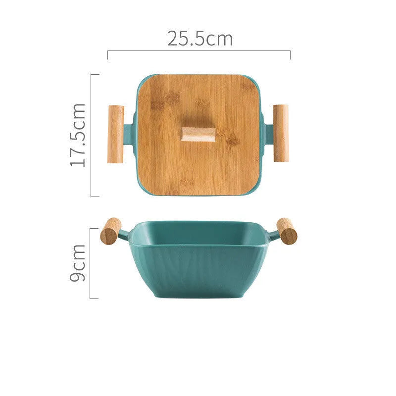 Porcelain ceramic bowl with irregular shape and matching lid in modern simple design