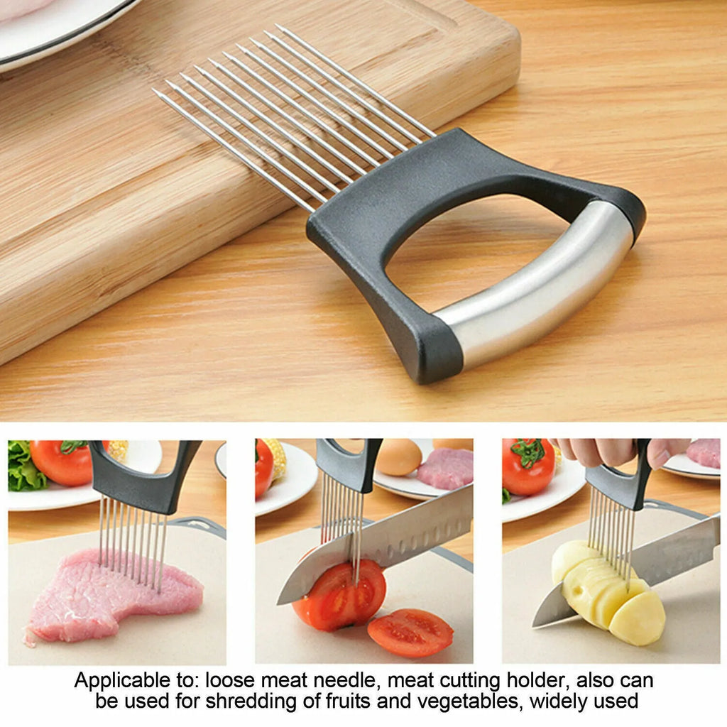 Stainless steel food slice assistant with onion holder and non-slip design