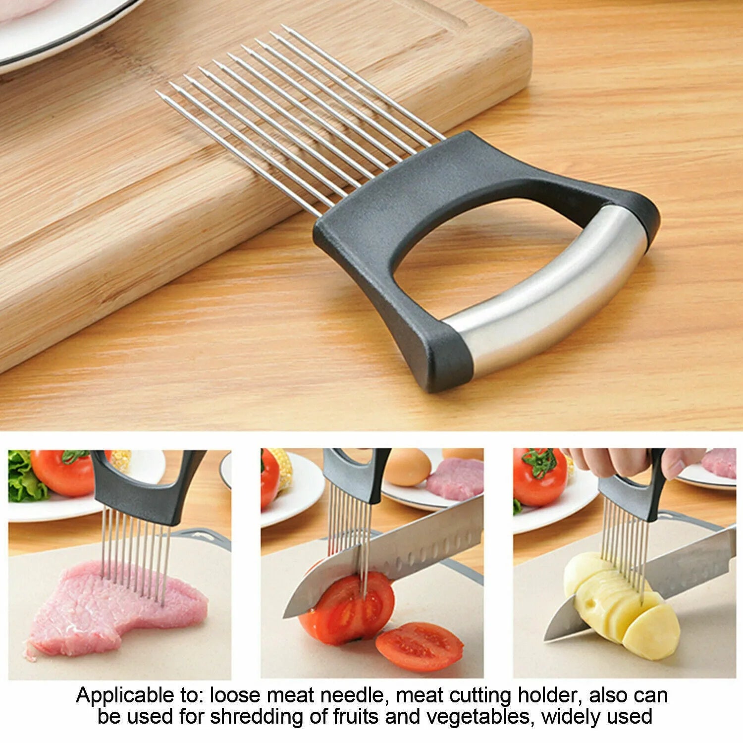 Stainless steel food slice assistant with onion holder and non-slip design