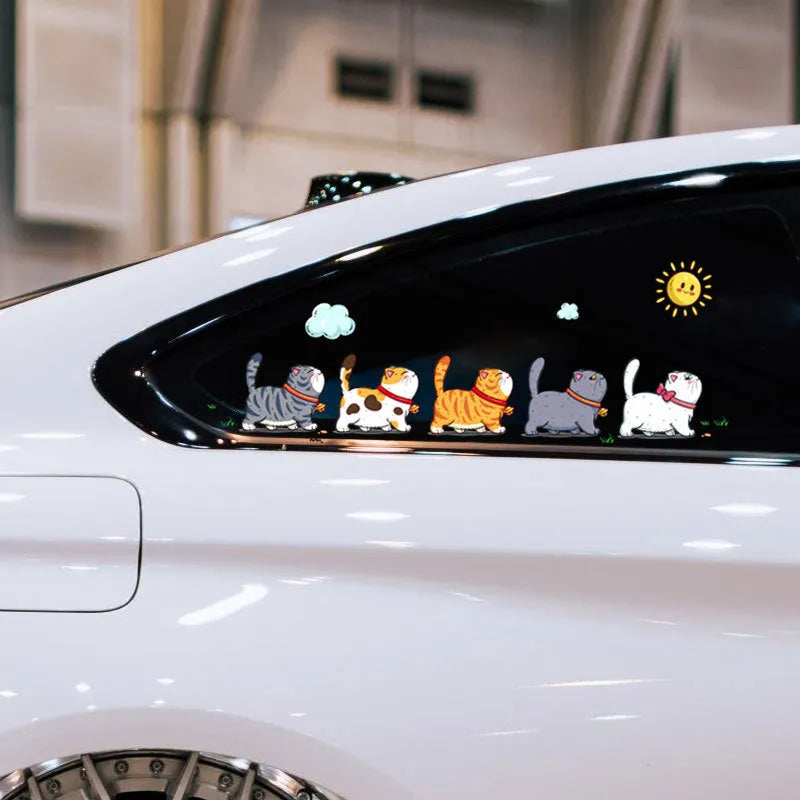 Funny vinyl car sticker showing five cats walking, waterproof PVC adhesive for vehicle decoration.