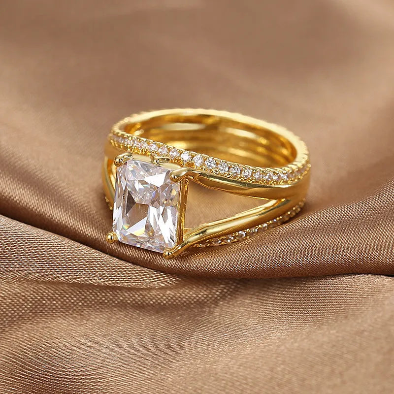 Women's geometric gold square zircon ring on copper band with electroplated finish