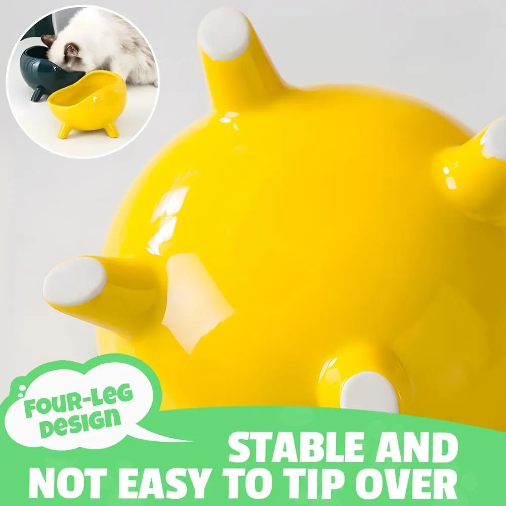 Green ceramic pet bowl with four legs and rounded splatter guard for cats and small dogs