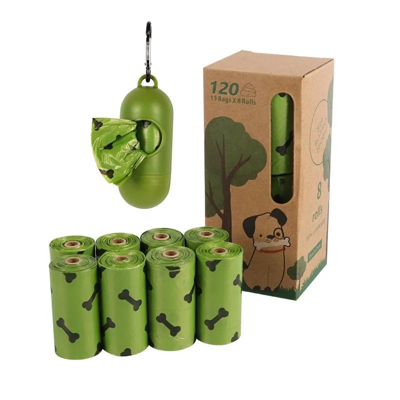 Military green degradable dog poop bags with black bone print, 23x33cm size