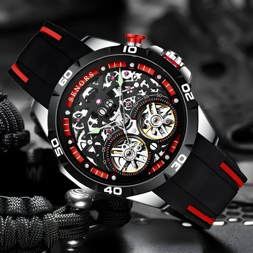 Automatic mechanical men's watch with luminous hollow dial in business style, showing red and blue colour options